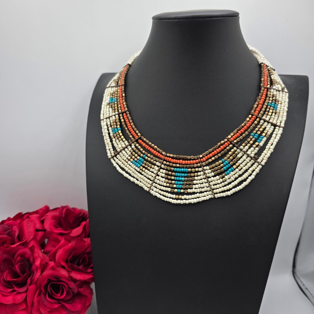 Boho Beaded Bib Necklace Geometric Tribal Statement Collar Turquoise Coral Cream